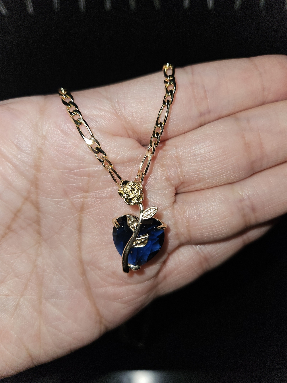 Gold-Plated Blue Crystal Rose Pendant Necklace